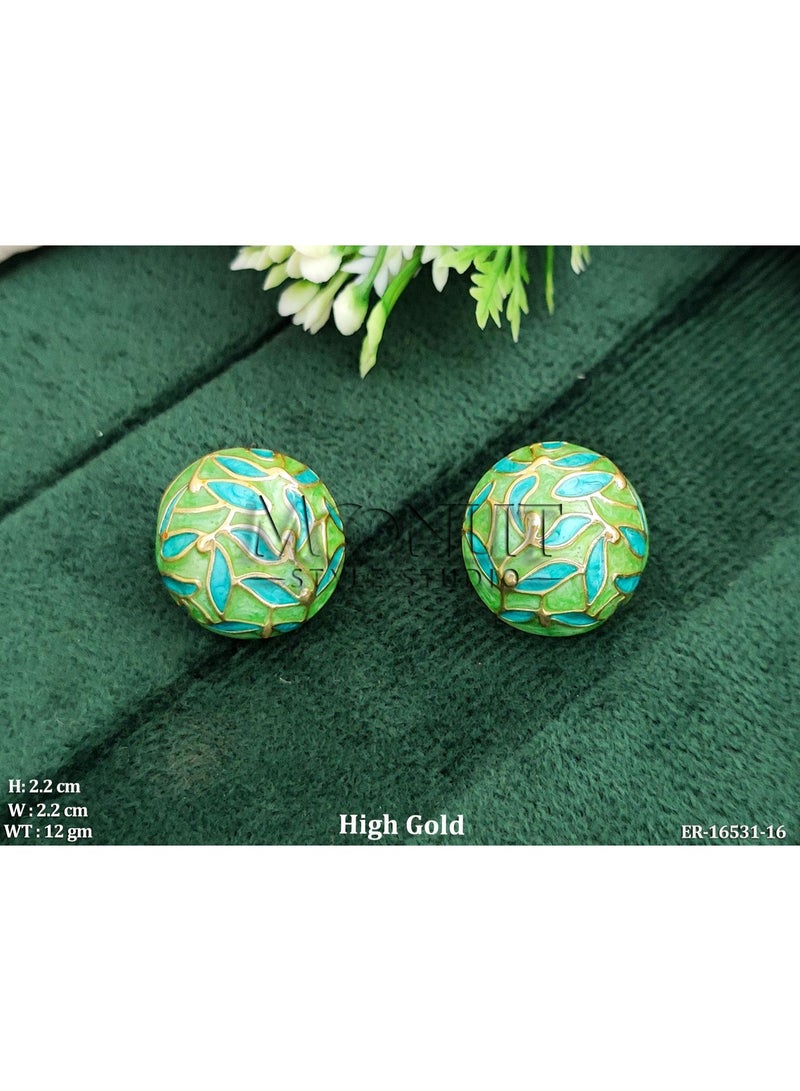 Moonlit Style Studio - Meenakari - Feroza Green & Gold Enamel Stud Earrings - Image 1